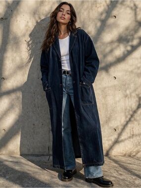 Jeanology Long Denim Duster Coat Size 4 Dark Wash Y2K Minimalist Trench